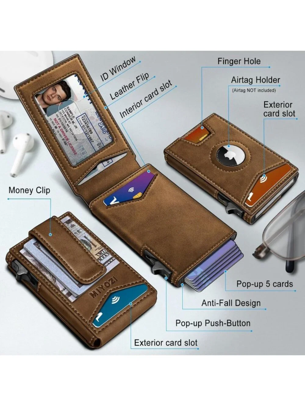 Men's RFID Blocking Money Clip Wallet - 9-Card Pop-Up Holder, ID Window